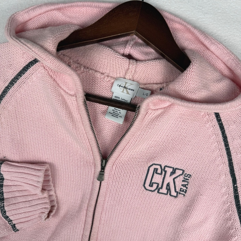 Calvin Klein Jeans Full Zip Hoodie Womens L Pink Knit Raglan Embroidered Y2K
